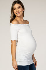 White Off Shoulder Lettuce Hem Maternity Top