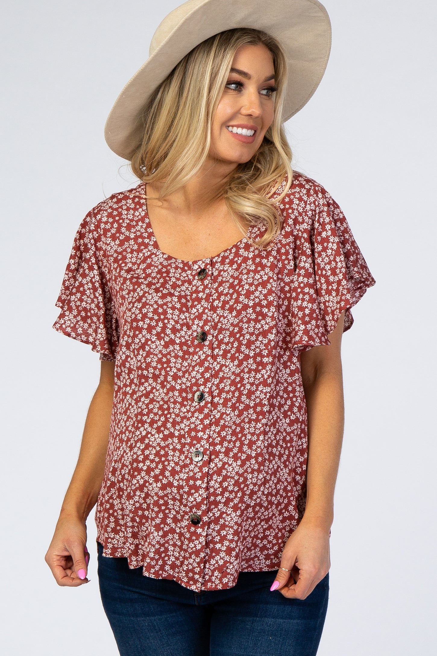 Rust Floral Button Down Maternity Top