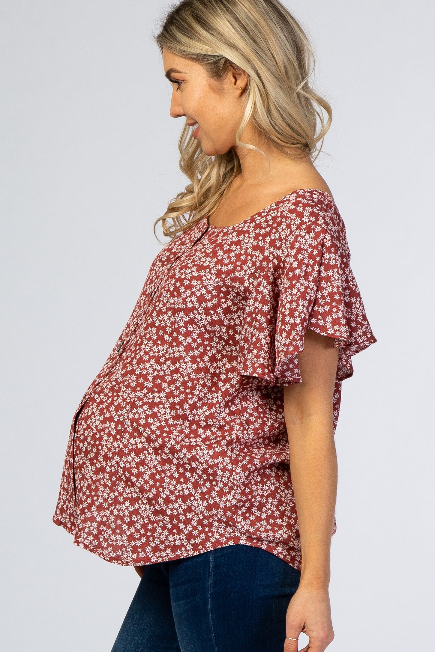Rust Floral Button Down Maternity Top
