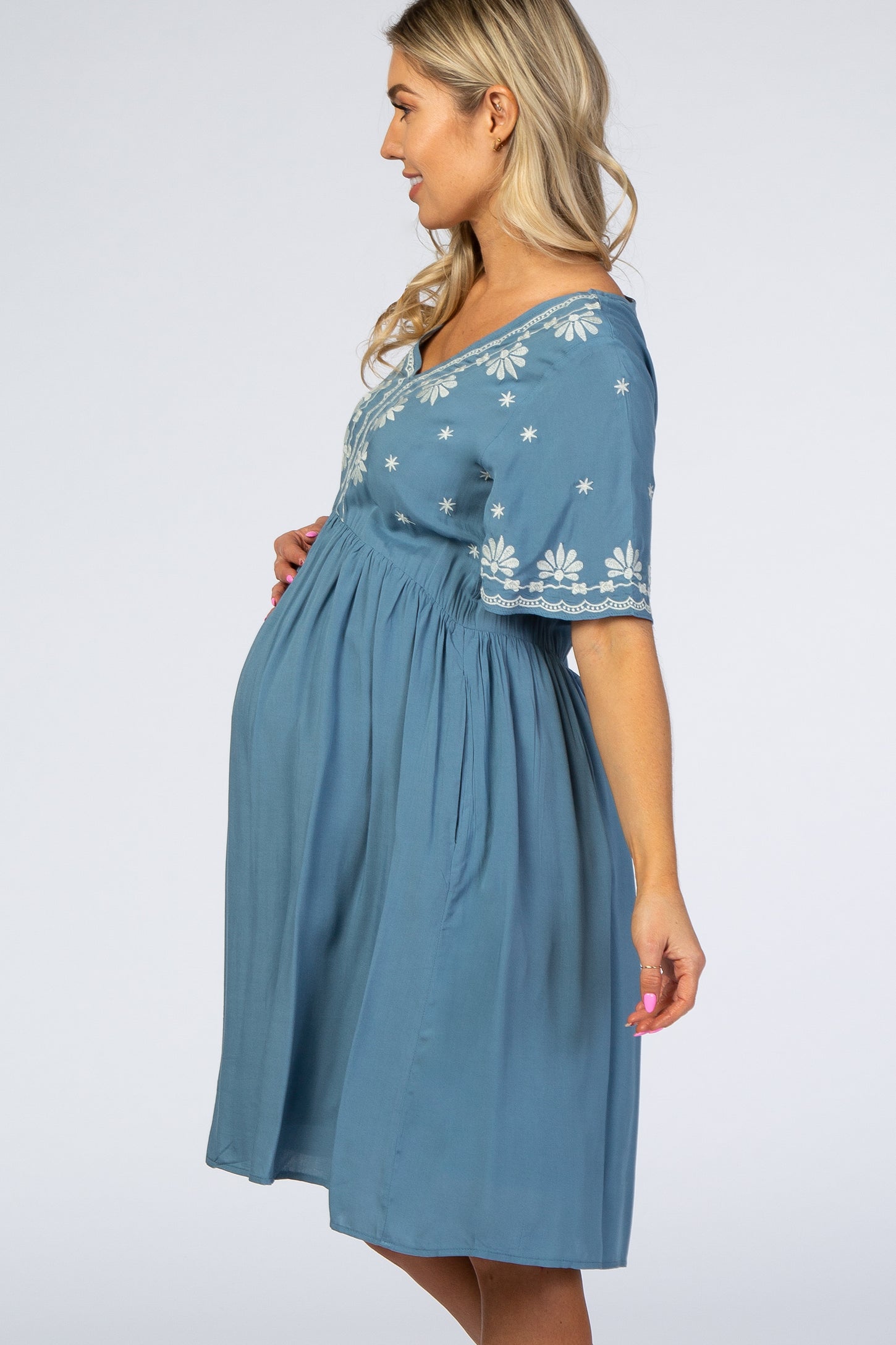 Blue Embroidered Maternity Midi Dress