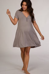 Taupe Short Sleeve Button Detail Maternity Swing Dress