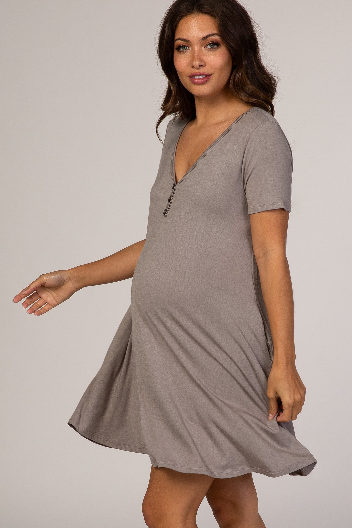 Taupe Short Sleeve Button Detail Maternity Swing Dress