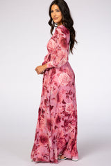 Pink Floral Chiffon Maternity Maxi Dress