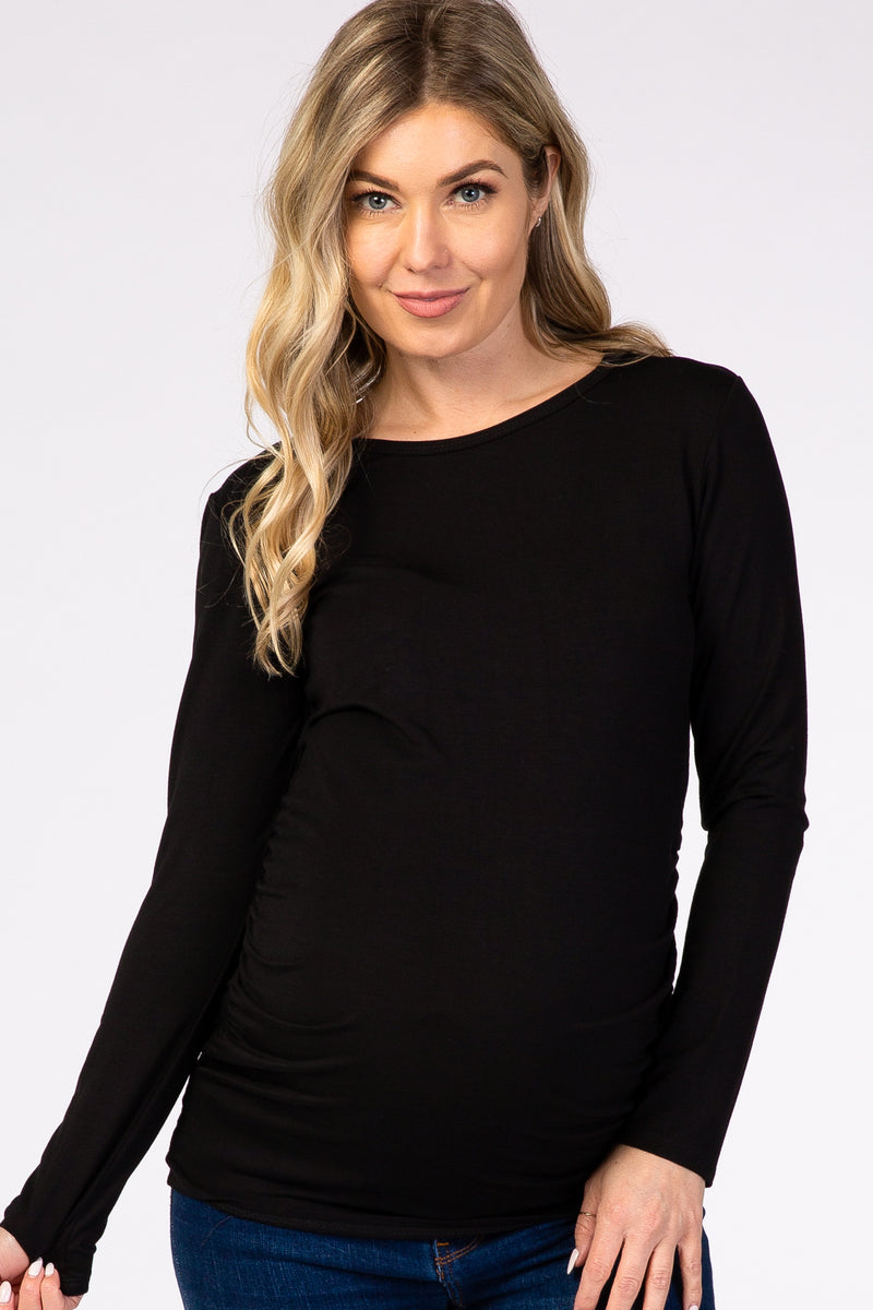 Black Long Sleeve Ruched Fitted Maternity Top– PinkBlush