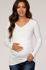 White Long Sleeve Fitted Ruched Maternity Top