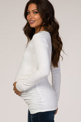 White Long Sleeve Fitted Ruched Maternity Top