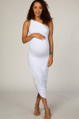White Ruched One Shoulder Maternity Dress