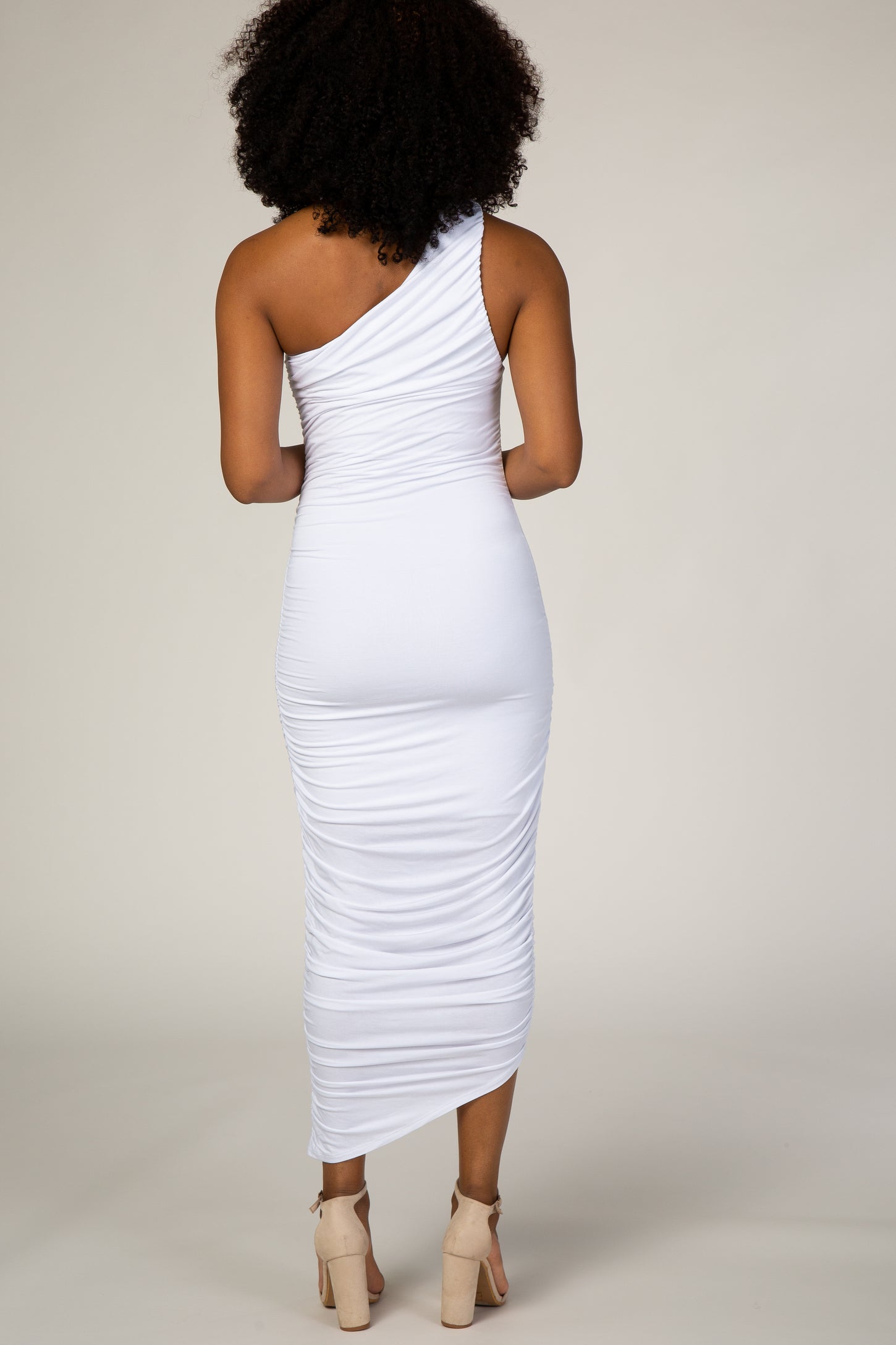 White Ruched One Shoulder Dress