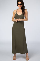 Olive Ribbed V-Neck Maternity Maxi Dress