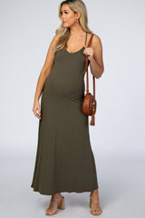 Olive Ribbed V-Neck Maternity Maxi Dress