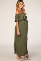 Olive Solid Off Shoulder Maternity Maxi Dress