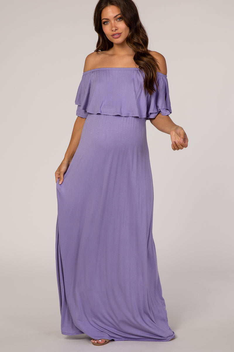 Purple Off Shoulder Ruffle Trim Maternity Maxi Dress – PinkBlush