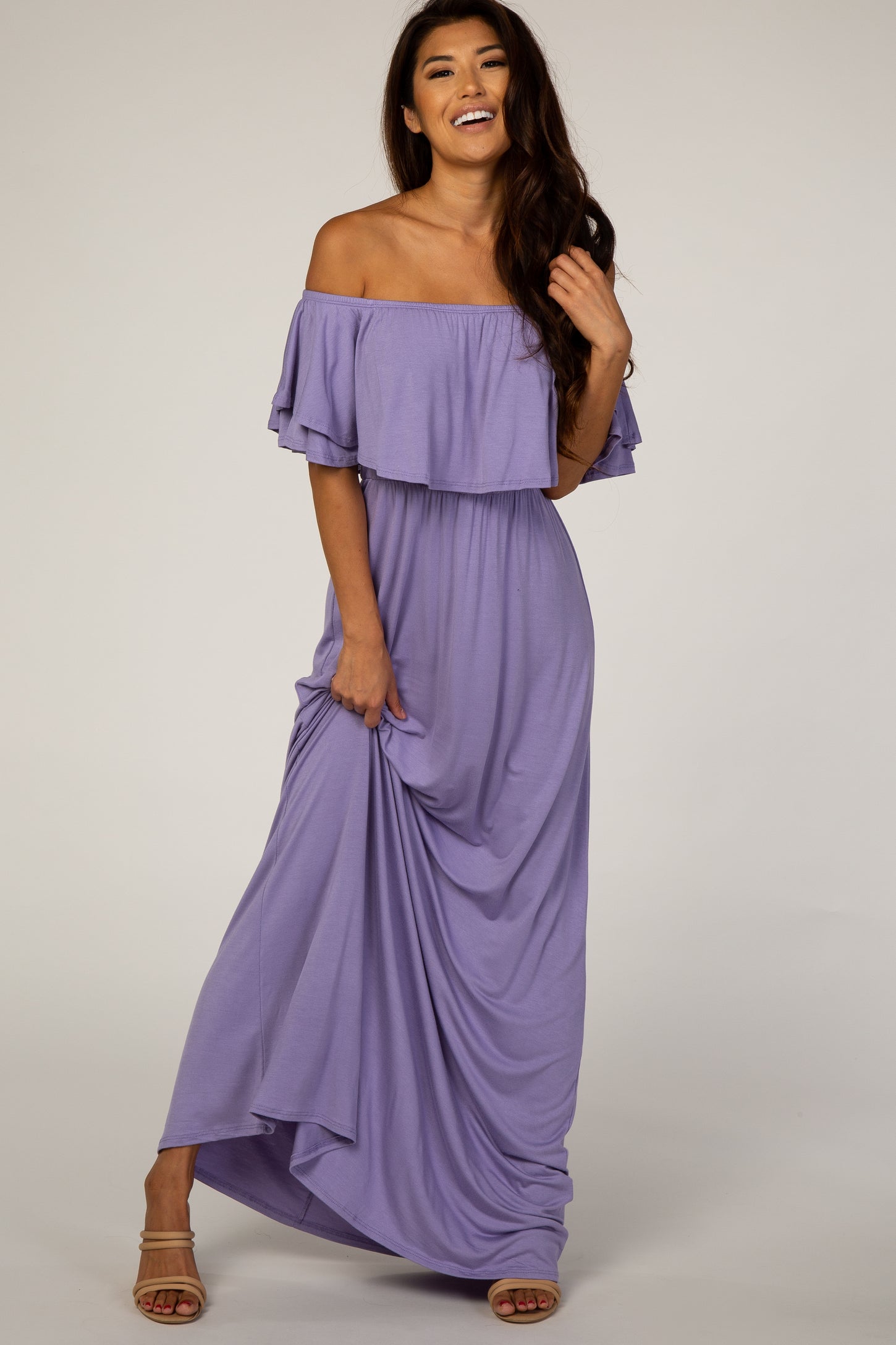 Purple Off Shoulder Ruffle Trim Maternity Maxi Dress – PinkBlush