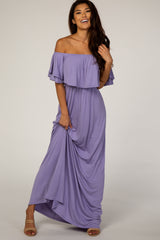 Purple Off Shoulder Ruffle Trim Maternity Maxi Dress