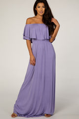 Purple Off Shoulder Ruffle Trim Maxi Dress