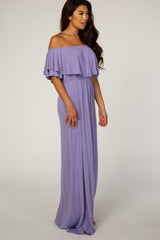 Purple Off Shoulder Ruffle Trim Maxi Dress