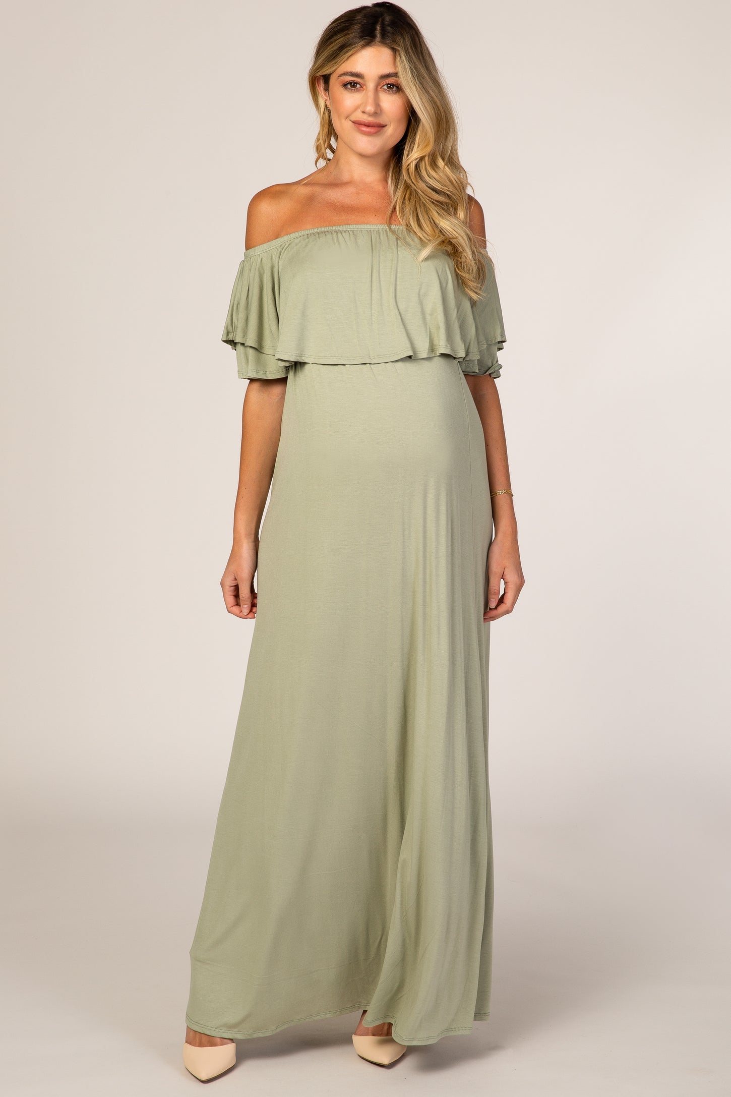 Mint Green Off Shoulder Ruffle Trim Maternity Maxi Dress – PinkBlush
