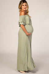 Mint Green Off Shoulder Ruffle Trim Maternity Maxi Dress