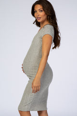 Grey Ribbed Knit Fitted Maternity Dress