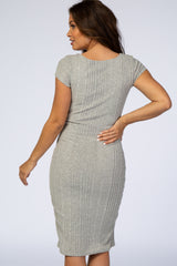Grey Ribbed Knit Fitted Maternity Dress