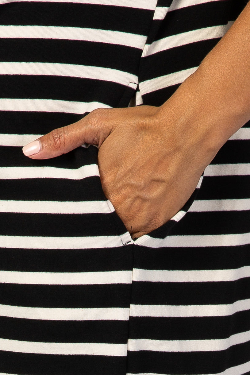 Black Striped V-Neck Short Sleeve Side Pocket Maternity Dress
