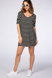 Black Striped V-Neck Short Sleeve Side Pocket Dress