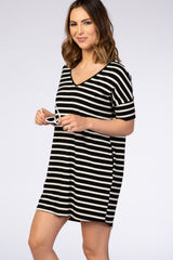 Black Striped V-Neck Short Sleeve Side Pocket Dress