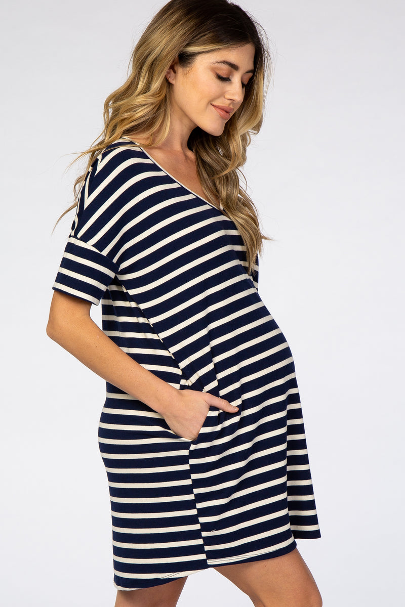 Navy Blue Striped V-Neck Short Sleeve Side Pocket Maternity Dress ...