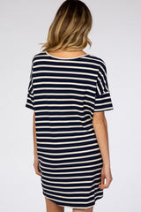 Navy Blue Striped V-Neck Short Sleeve Side Pocket Maternity Dress