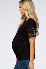 Black Crochet Sleeve Knotted Hem Maternity Top