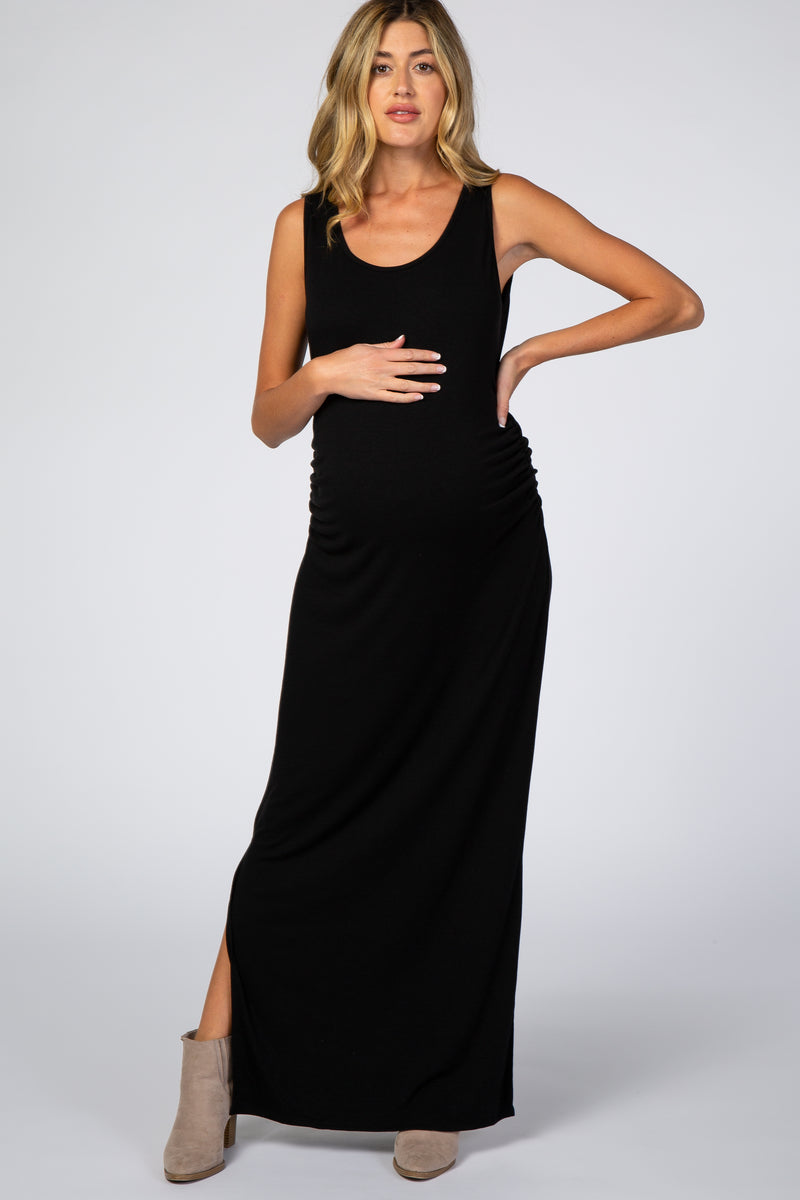 Black Sleeveless Ruched Side Slit Maternity Maxi Dress– PinkBlush