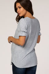 Heather Grey Textured Polka Dot Short Ruffle Sleeve V-Neck Maternity Top
