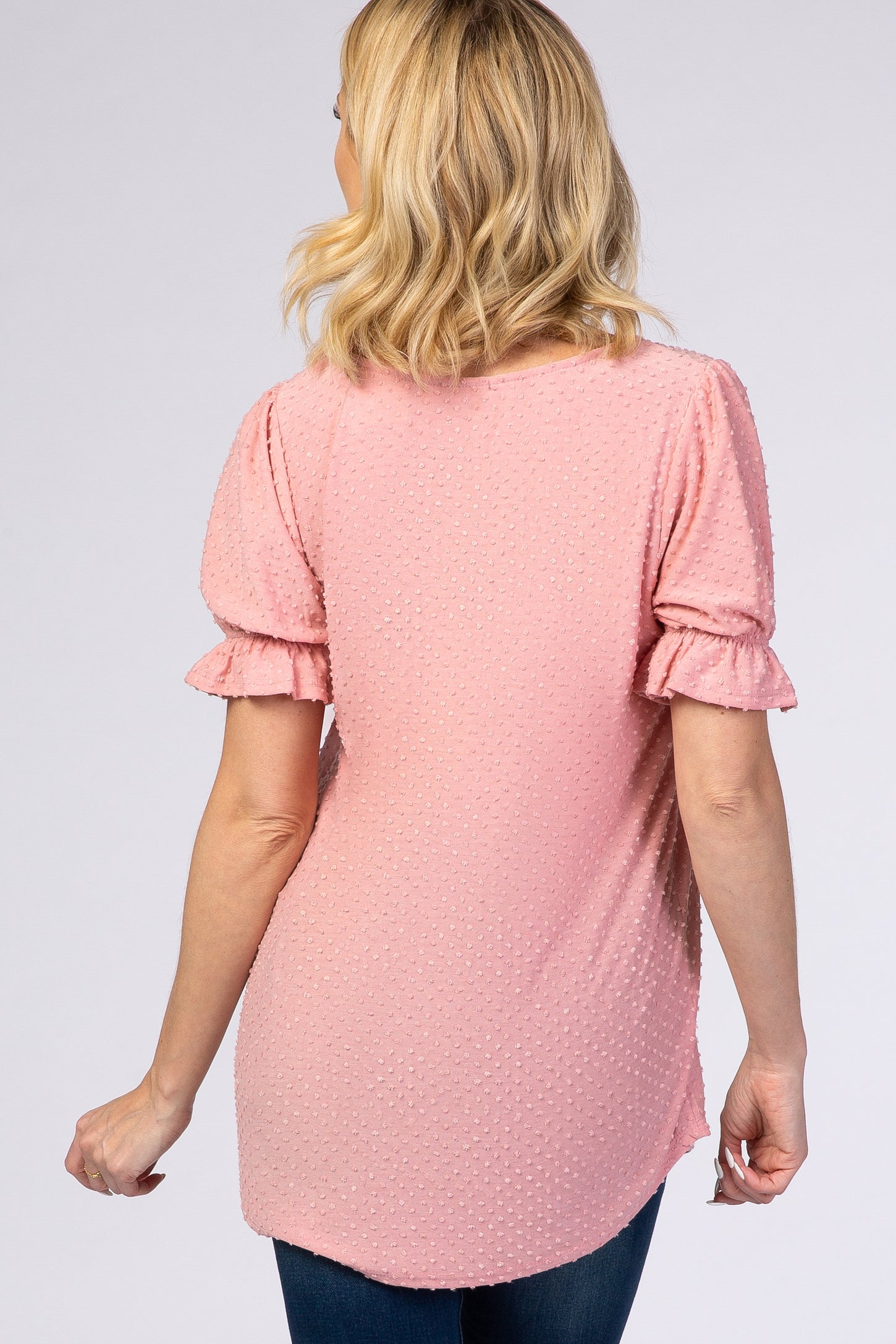Pink Textured Polka Dot Short Ruffle Sleeve V-Neck Top