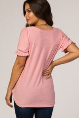 Pink Textured Polka Dot Short Ruffle Sleeve V-Neck Maternity Top