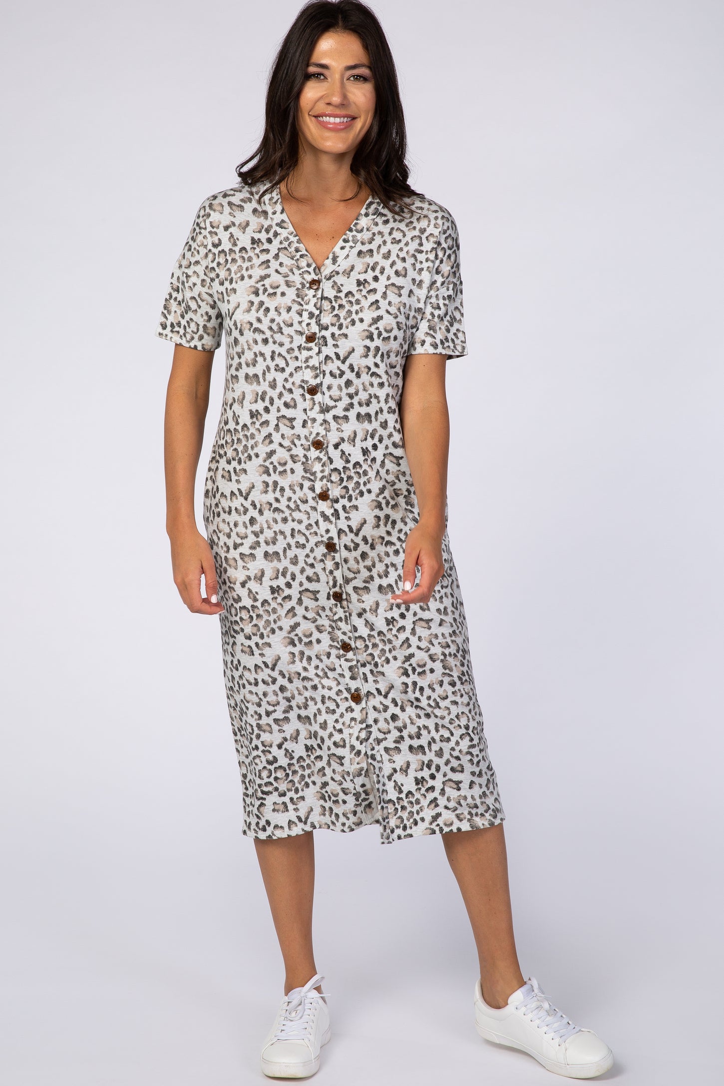 Ivory Cheetah Print Short Sleeve V-Neck Button Detail Midi Dress