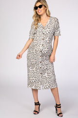 Ivory Cheetah Print Short Sleeve V-Neck Button Detail Maternity Midi Dress