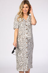 Ivory Cheetah Print Short Sleeve V-Neck Button Detail Maternity Midi Dress