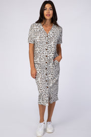 Ivory Cheetah Print Short Sleeve V-Neck Button Detail Midi Dress