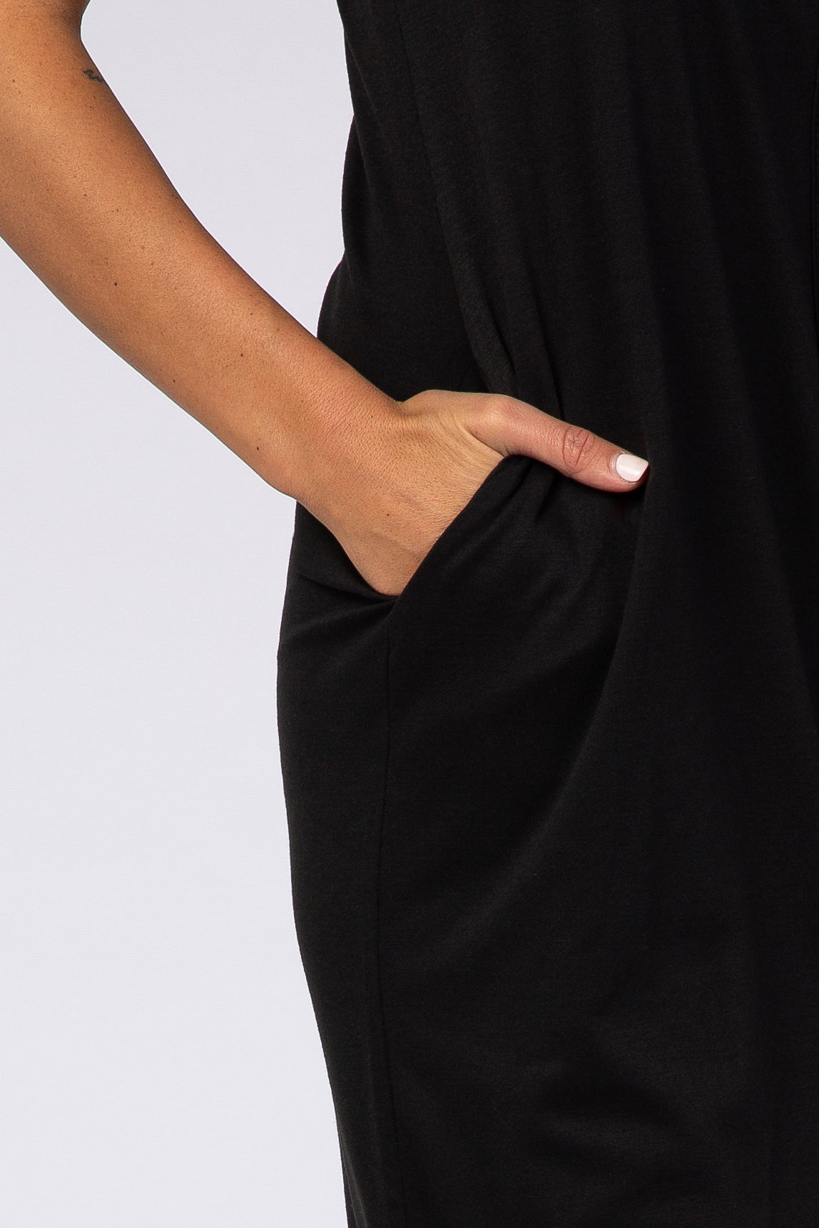Black Short Sleeve V-Neck Button Detail Midi Dress