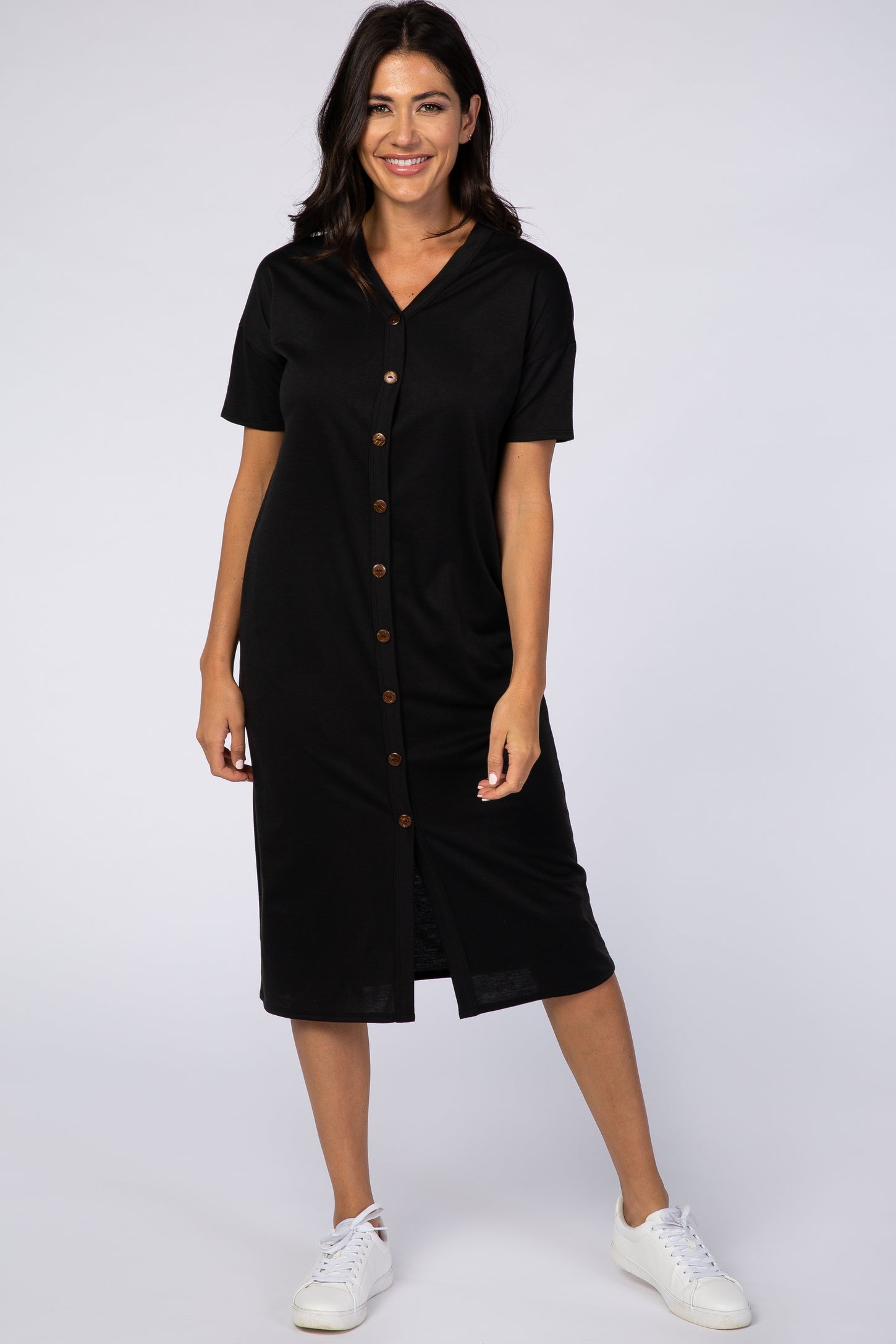 Black Short Sleeve V-Neck Button Detail Maternity Midi Dress