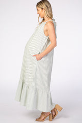 Mint Green Striped High Neck Sleeveless Maternity Maxi Dress