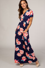 Navy Floral Wrap Maternity Maxi Dress