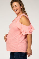 Coral Cold Shoulder Ruffle Maternity Plus Top