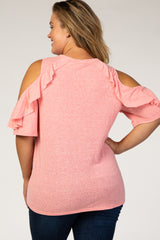 Coral Cold Shoulder Ruffle Maternity Plus Top