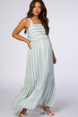 Mint Green Striped Open Back Thick Strap Maternity Maxi Dress