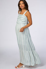 Mint Green Striped Open Back Thick Strap Maternity Maxi Dress