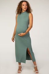 PinkBlush Green Mock Neck Side Slit Sleeveless Maternity Midi Dress