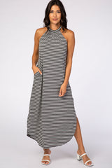 Charcoal High Neck Sleeveless Side Slit Maxi Dress