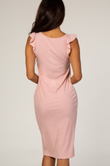 Pink Flounce Sleeve Ribbed Dress