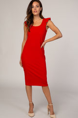 Red Flounce Sleeve Ribbed Maternity Dress